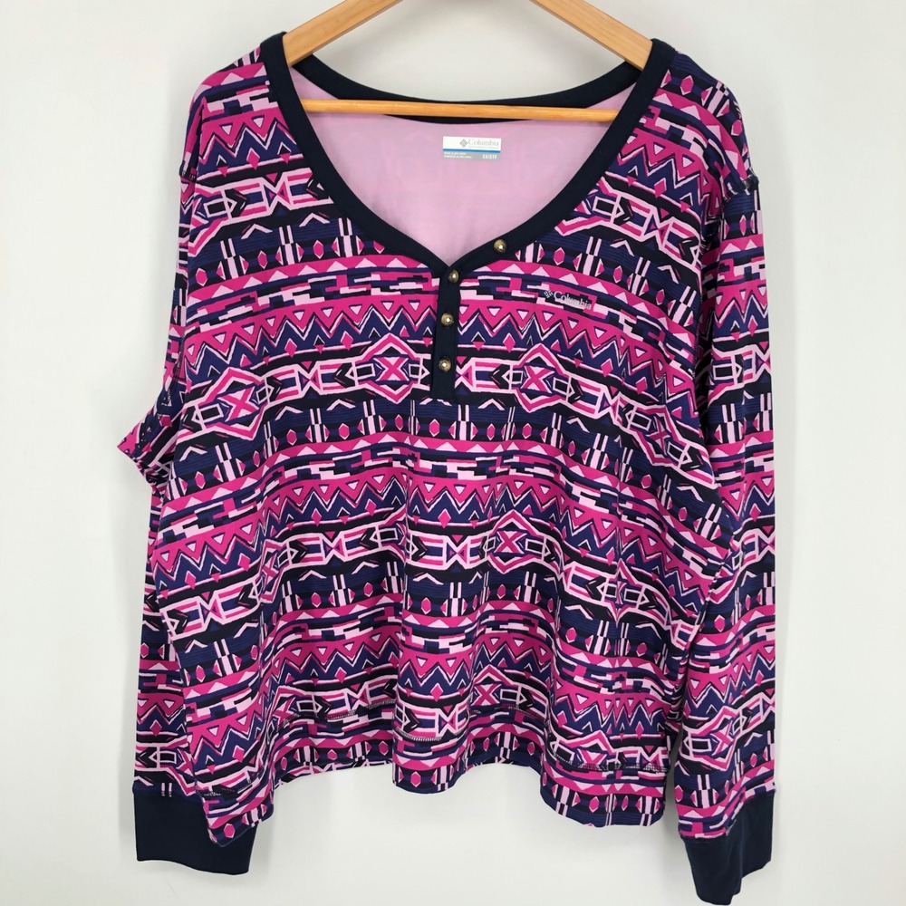 Columbia Womens Top Size 3X Pink Purple Henley Artsy Abstract Tshirt